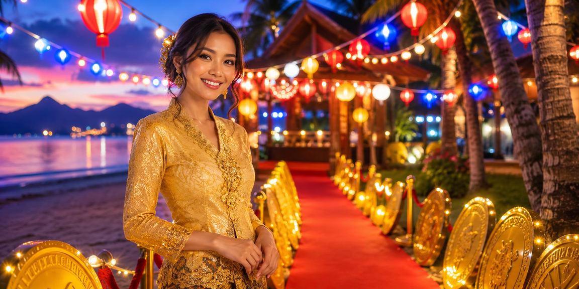 Pengguna wanita meneroka aplikasi kasino 3012 di Langkawi dengan suasana santai tempatan